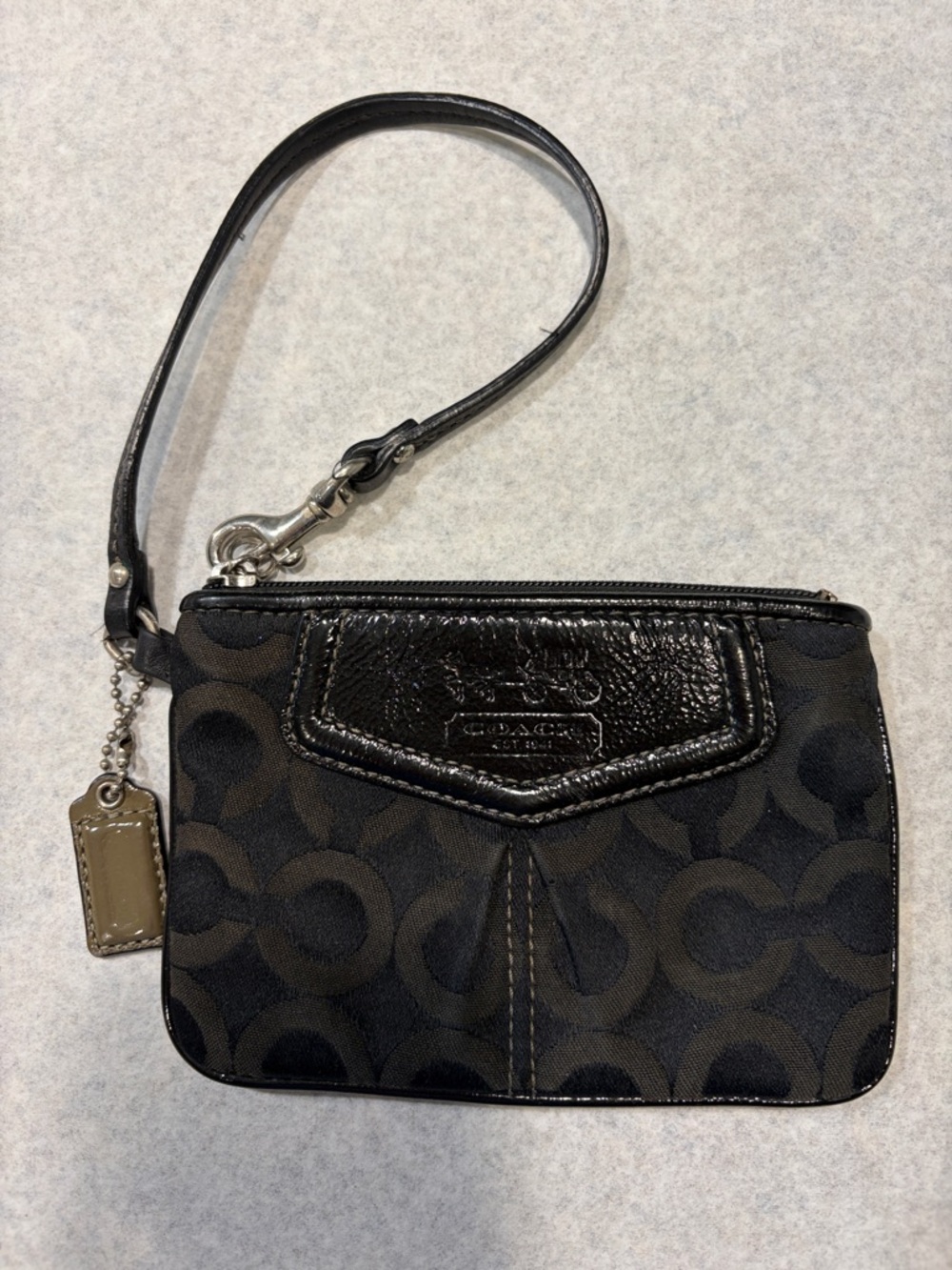 Coach Brown and Black Signature Canvas Wristlet with Patent Trim